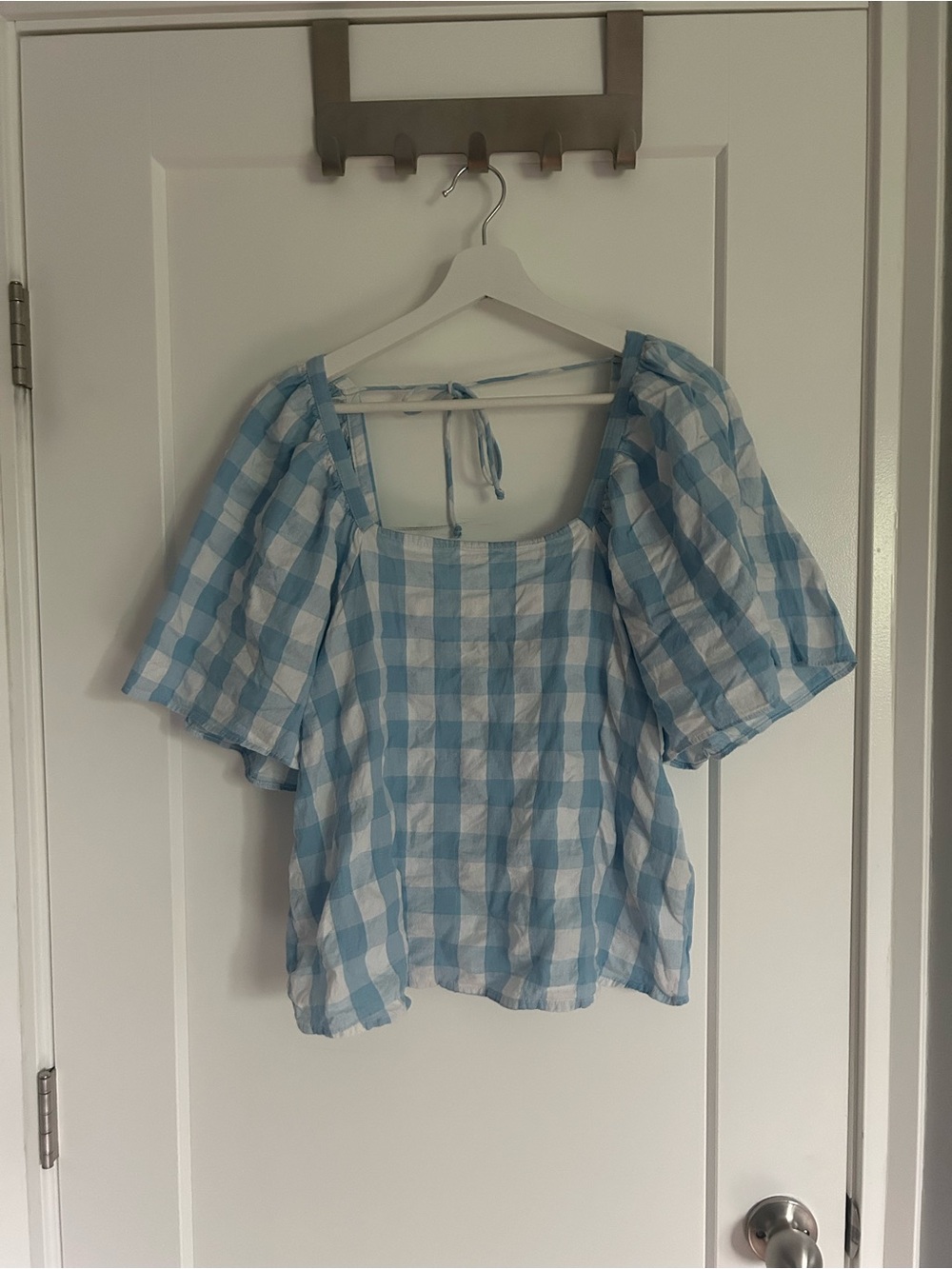 Blue and White Gingham Puff Sleeve Blouse